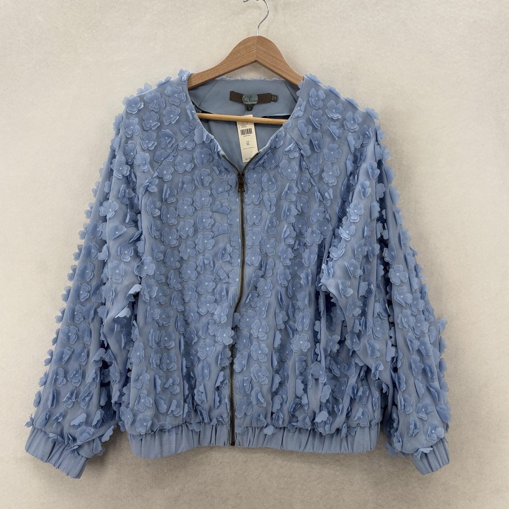 Anthropologie Eva Franco Jacket Womens XL Blue 3D Floral Chiffon Applique Zip